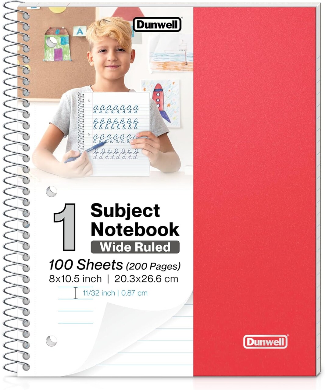 Red Spiral Notebook Wide Ruled, 1 Subject Notebook, Plastic Cover, 100 Sheets of 8X10.5 Wide Rule Paper, Perforated Pages, One Subject Notebook for School, with Poly Pocket Folder Divider